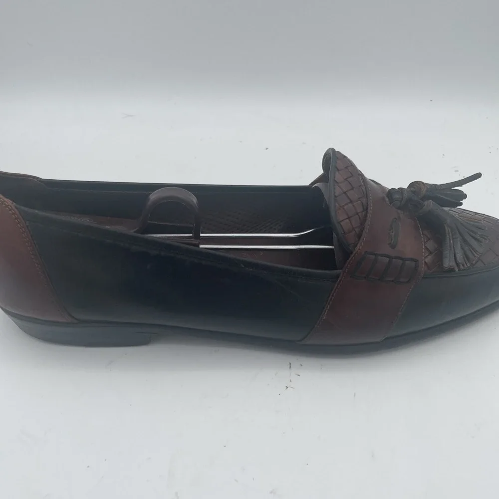 Bragano Mens Shoes Size 10M Black Brown Leather Full Strap Woven‎ Tassel Loafers